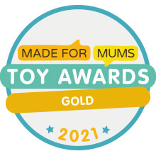 Gold award badge for 'Made for Mums Toy Awards 2021' with a blue and yellow design.
