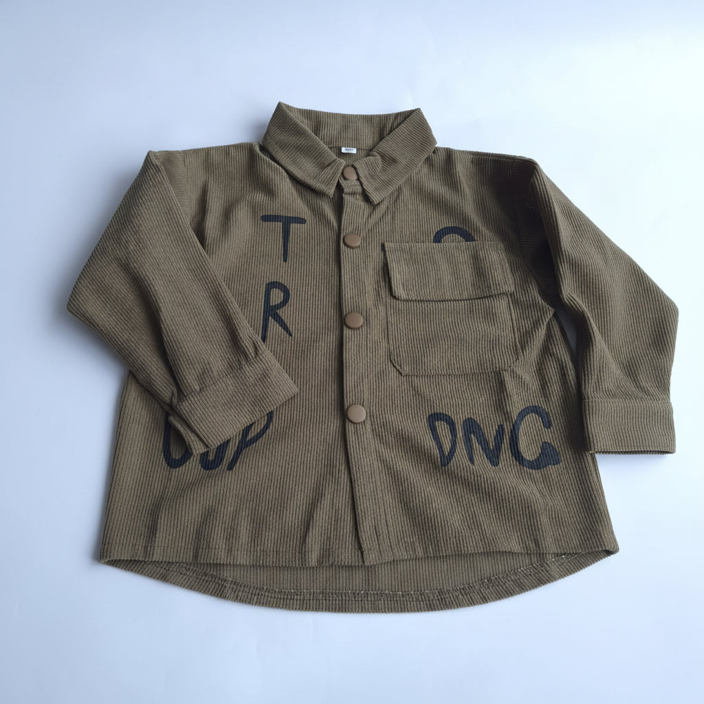 Military green corduroy shirt with text on a white background