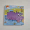 Children's puzzle with a purple hippo design on a colorful background