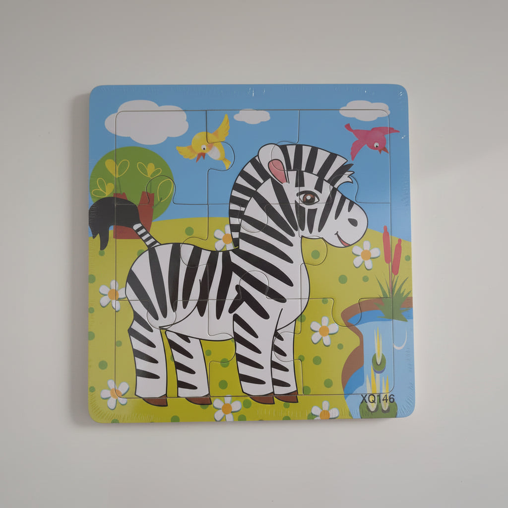 Children's puzzle with a zebra design on a plain background