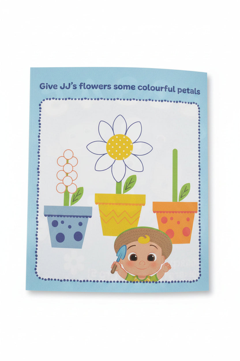 Children's book page with flowers and a character, featuring the text 'Give JJ's flowers some colourful pet.'