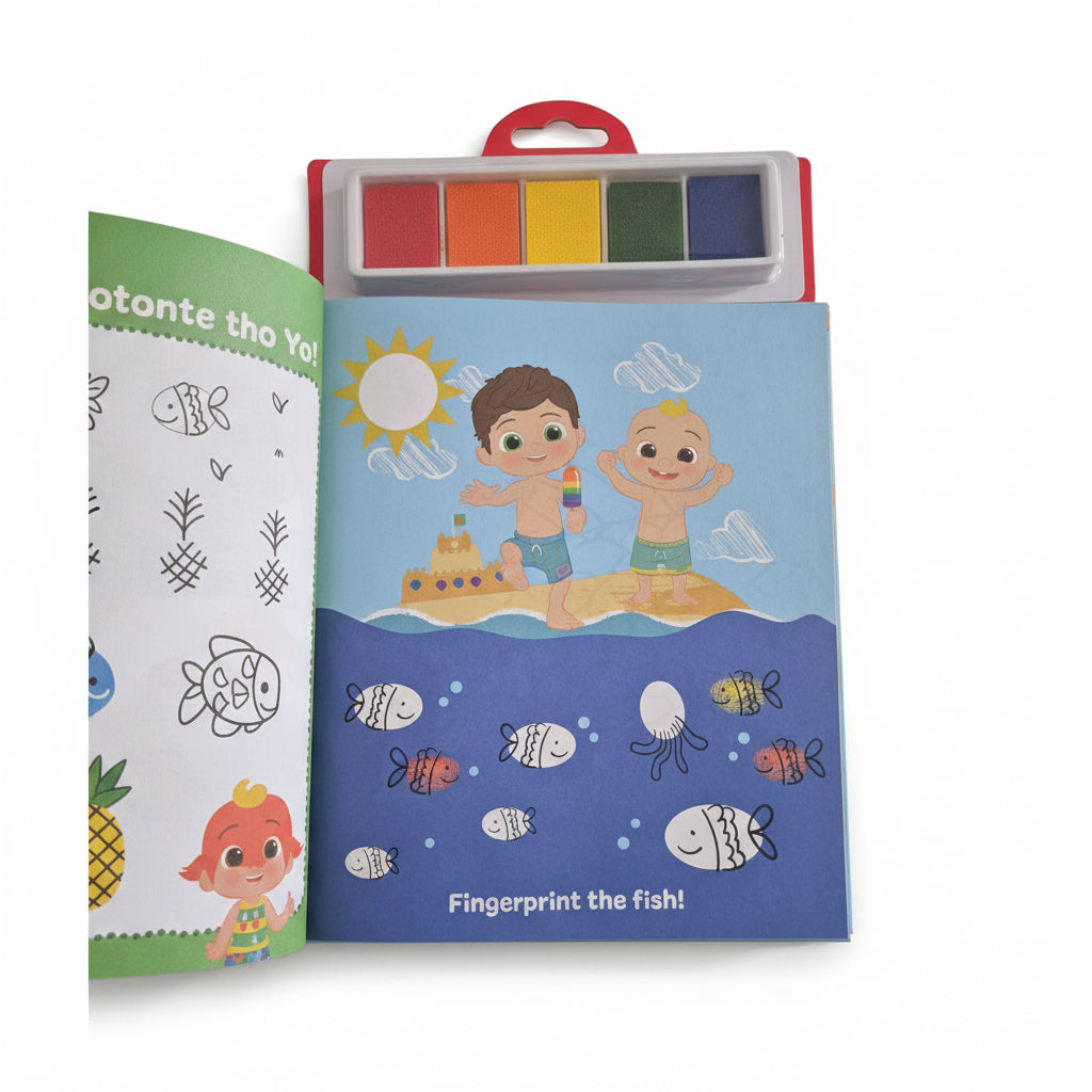 Children's book with fingerprint activity on a blue background, featuring two boys and colorful fish illustrations.