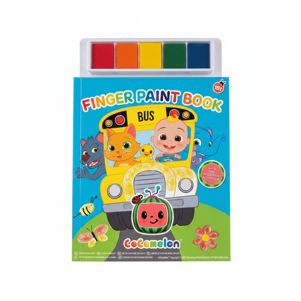 Cocomelon finger paint book with colorful paint pads on a white background