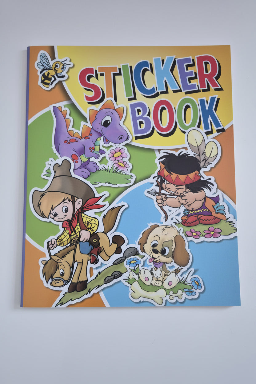 Sticker book cover with cartoon characters and colorful design on a white background