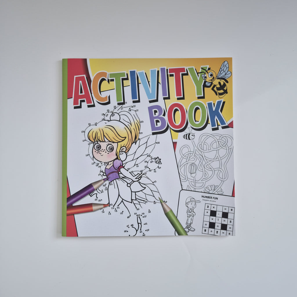Activity book with coloring and puzzle activities on a white background