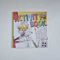 Activity book with coloring and puzzle activities on a white background