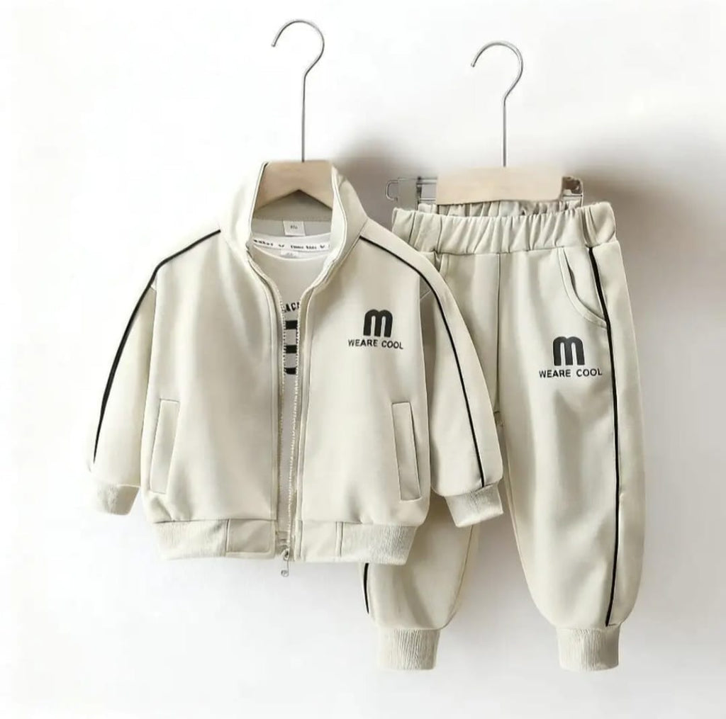 Kids Zip Tracksuit Set – Beige & Black Cotton-Blend (Ages 1–7 Years)