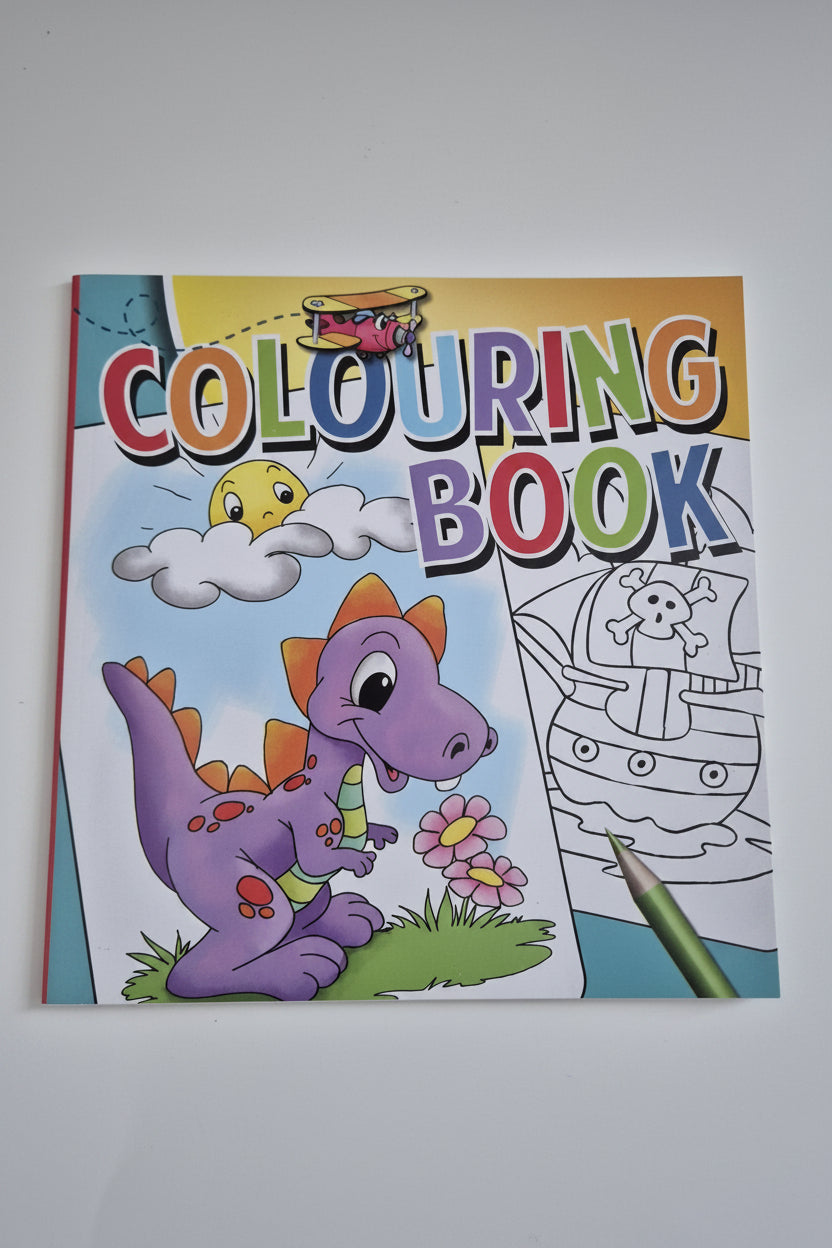 Coloring book with a dinosaur illustration on a white background