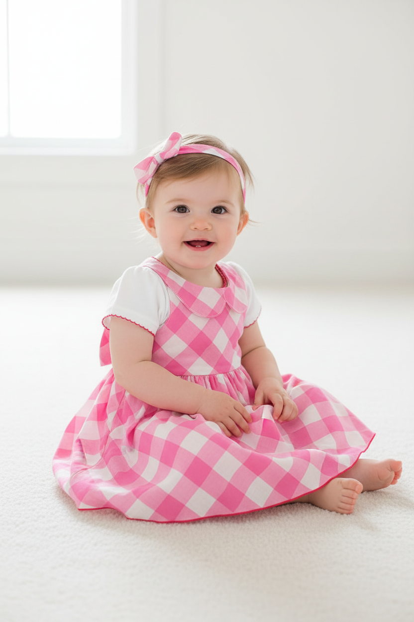 Baby wearing a pink checkered dress sitting on a white floor.