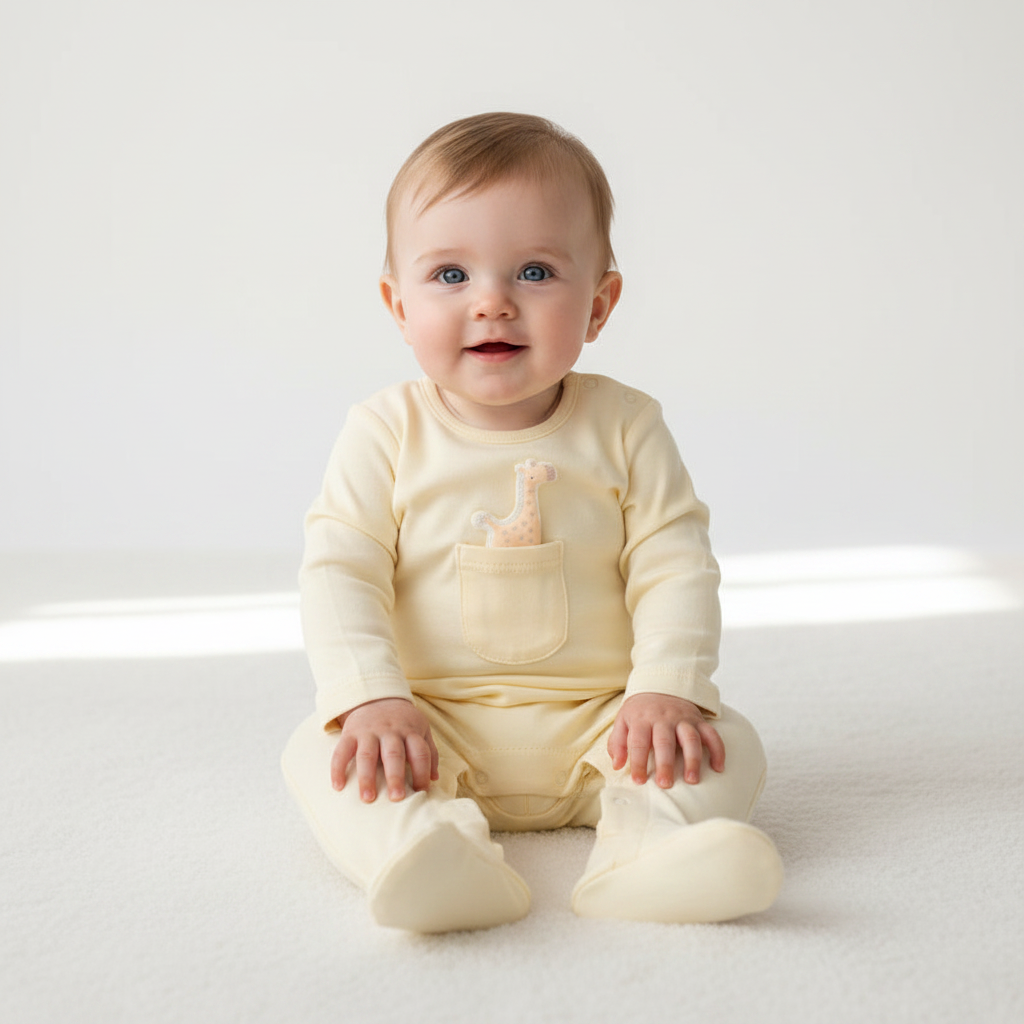 Baby wearing pale yellow sleepsuit
