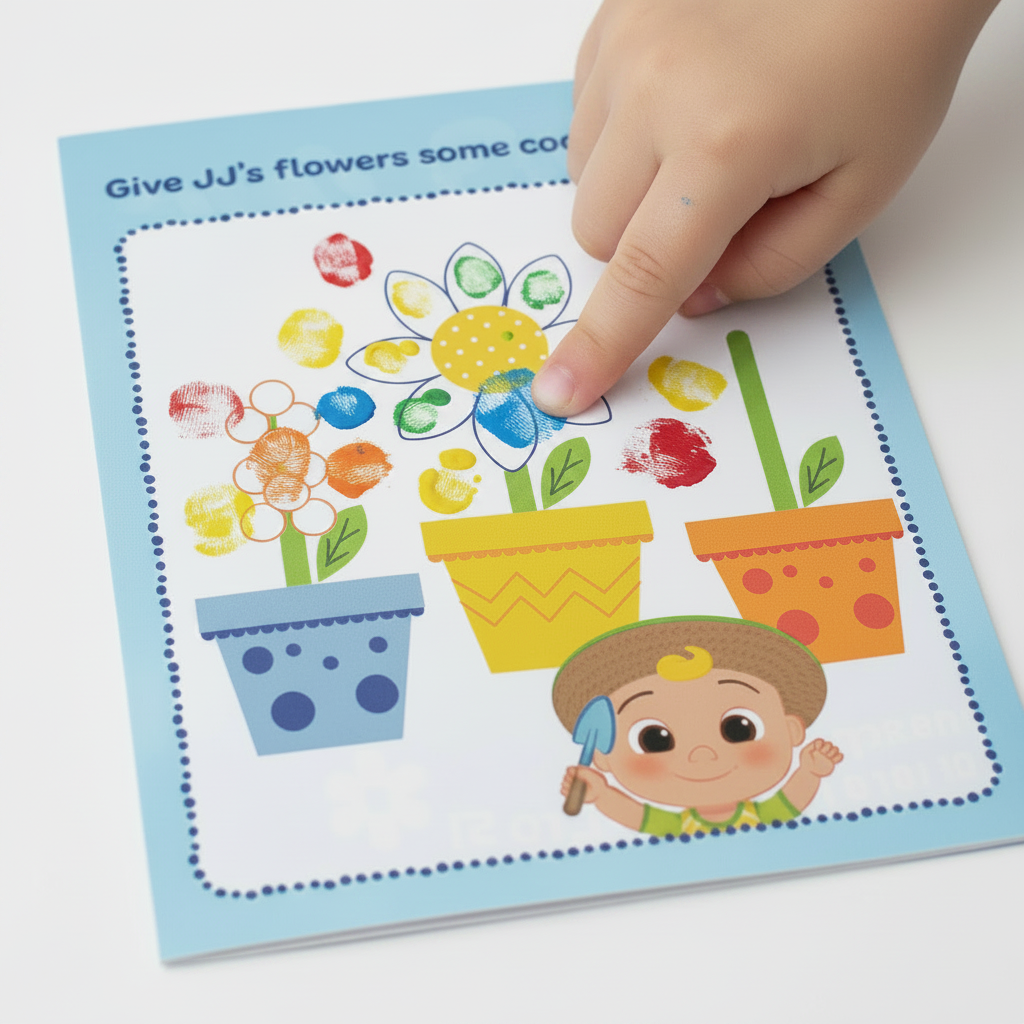Child's finger painting colourful petals on Cocomelon activity page