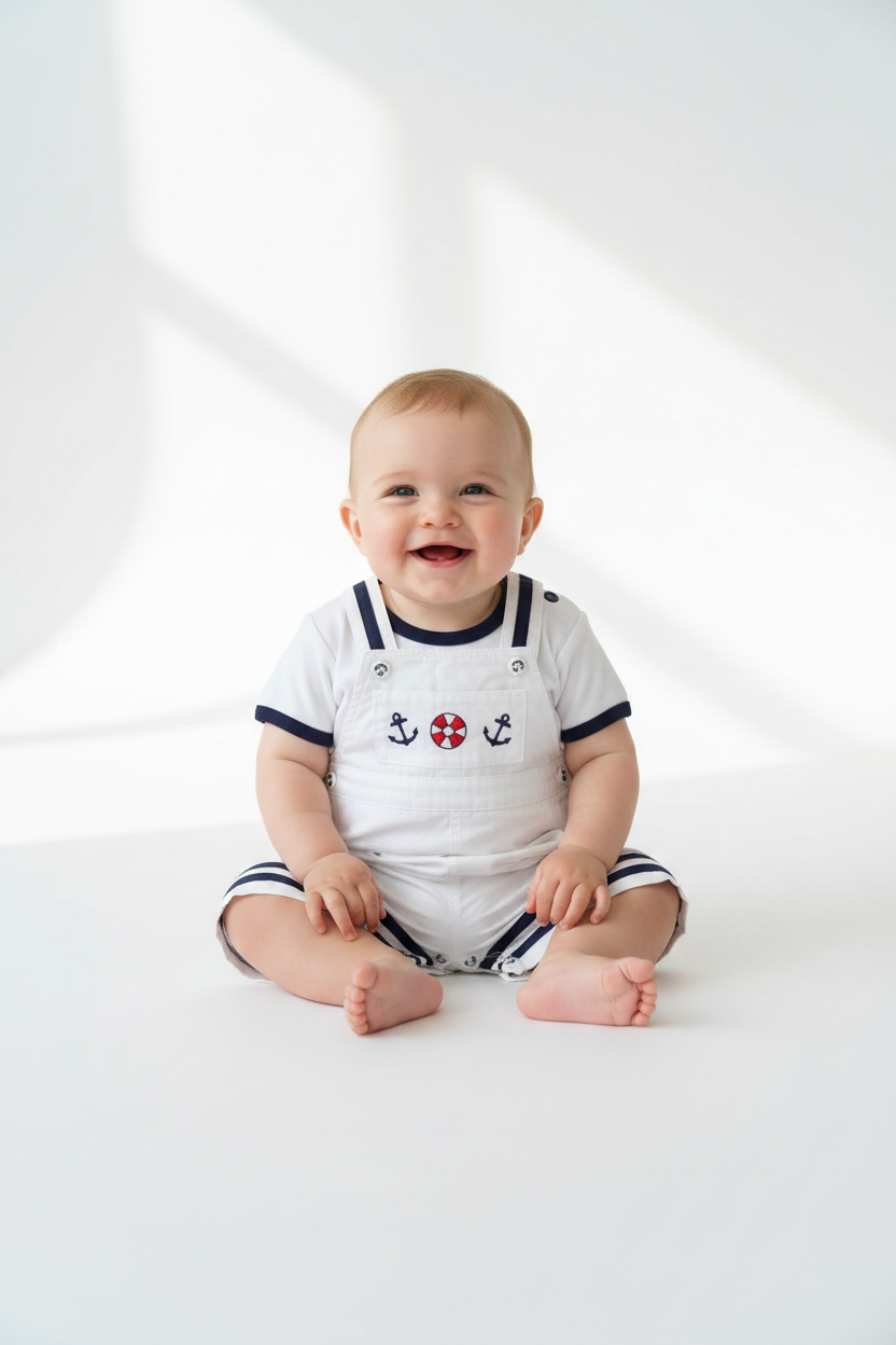 6-9 month old baby wearing navy and white sailor dungaree set