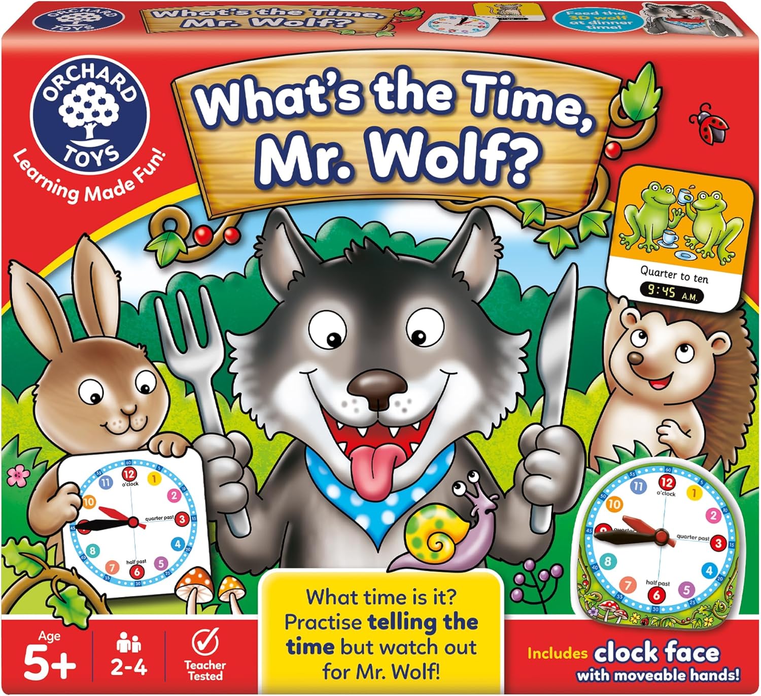 Orchard Toys What's the Time Mr Wolf Game Educational Board Game for Children Aged 5+ Teaches Time Telling with Movable Clockface and 3D Wolf