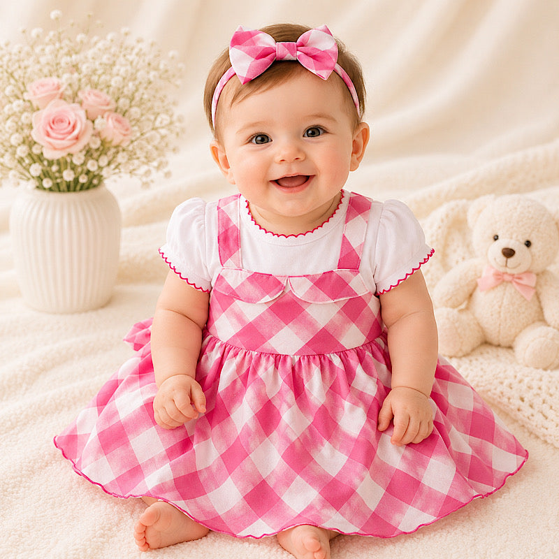 Baby in a pink checkered dress with a bow headband sitting on a soft surface.