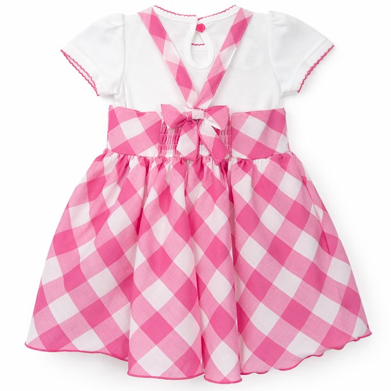 Pink and white checkered dress with a bow on a white background