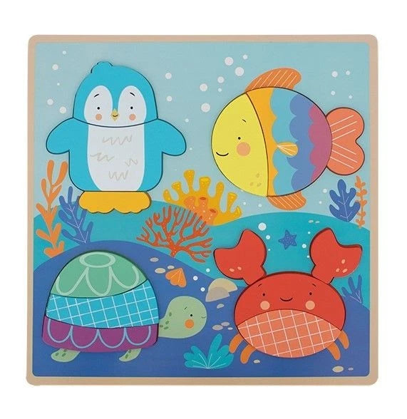 Children's puzzle with cartoon penguin, fish, turtle, and crab on a blue underwater background.