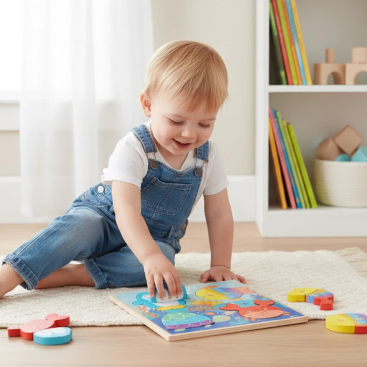 Child playing with a colorful puzzle on the floor in a bright room.