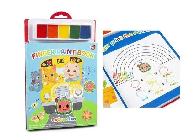 Cocomelon finger paint book with colorful cover and open book showing paint mixing chart.